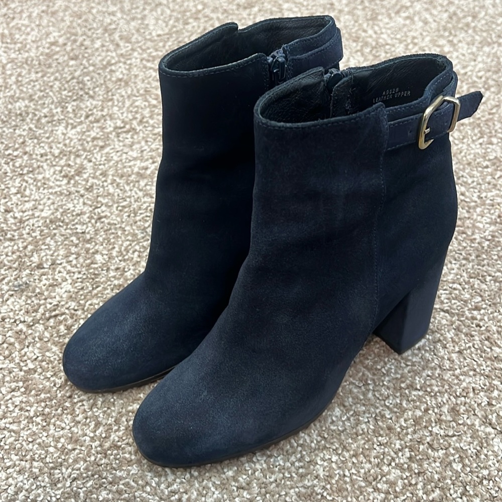 J.Crew Barrett Suede Bootie size 8. Black ankle bootie with buckle. 3 1/3” heel